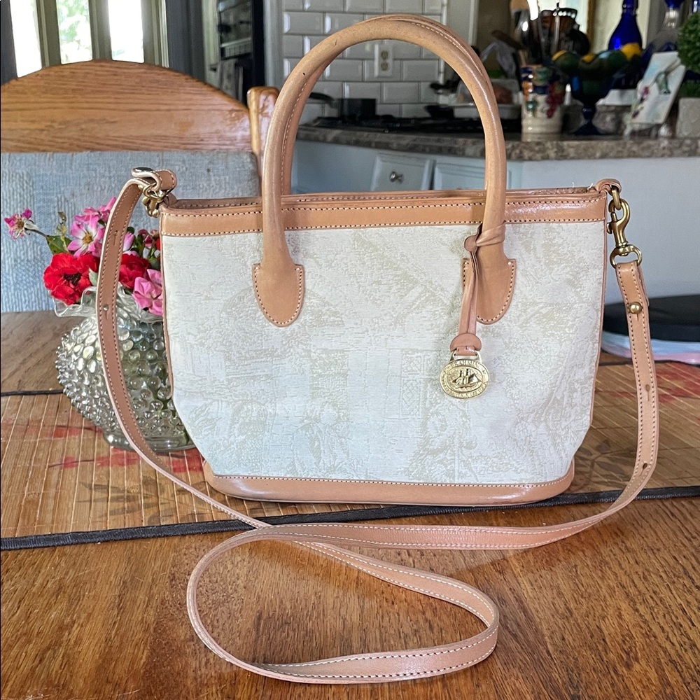 Brahmin Cream Canvas and Tan Leather Trim Women's Tote/Crossbody Handbag